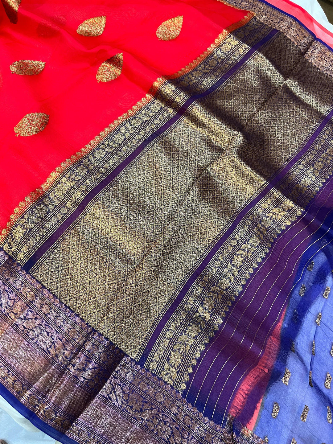 Red Banarasi Handloom Kora Silk Saree - Aura Benaras