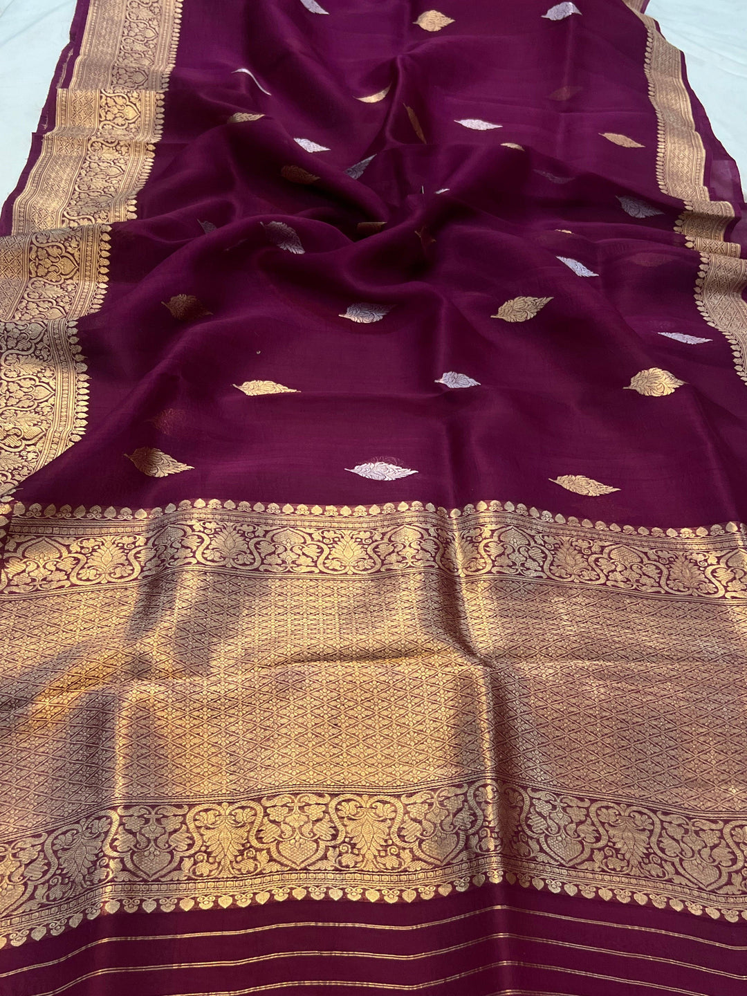 Deep Jamuni Banarasi Handloom Kora Silk Saree - Aura Benaras