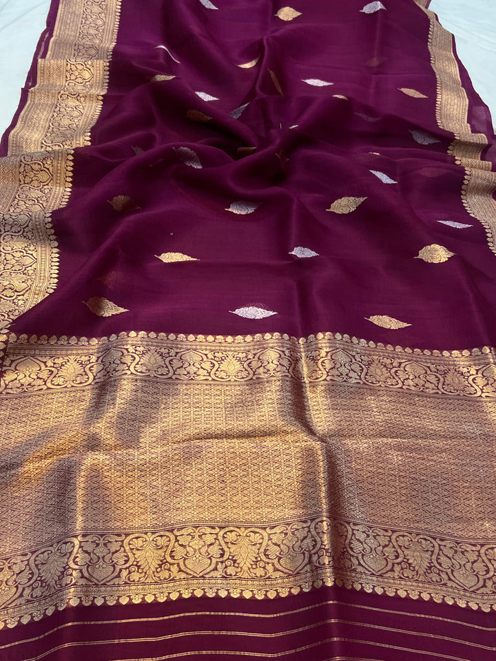 Deep Jamuni Banarasi Handloom Kora Silk Saree - Aura Benaras