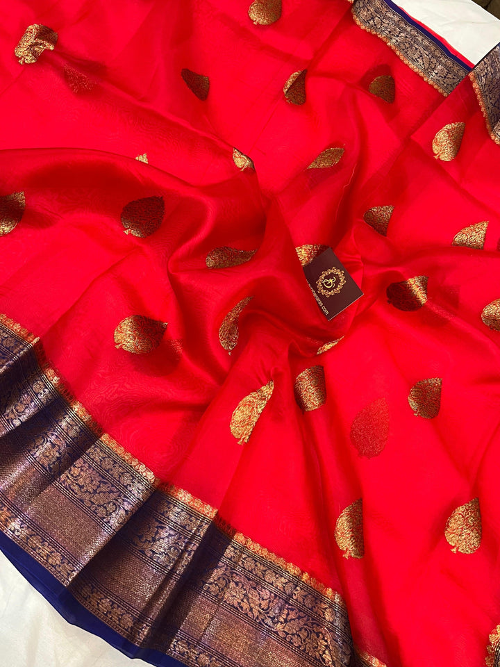 Red Banarasi Handloom Kora Silk Saree - Aura Benaras