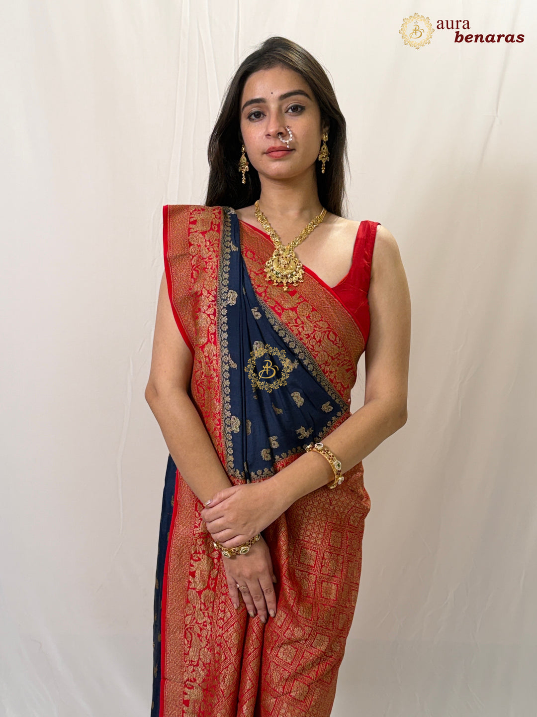 Navy Blue Pure Crepe Silk Handloom Banarasi Saree