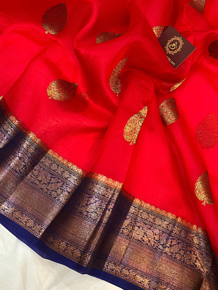 Red Banarasi Handloom Kora Silk Saree - Aura Benaras