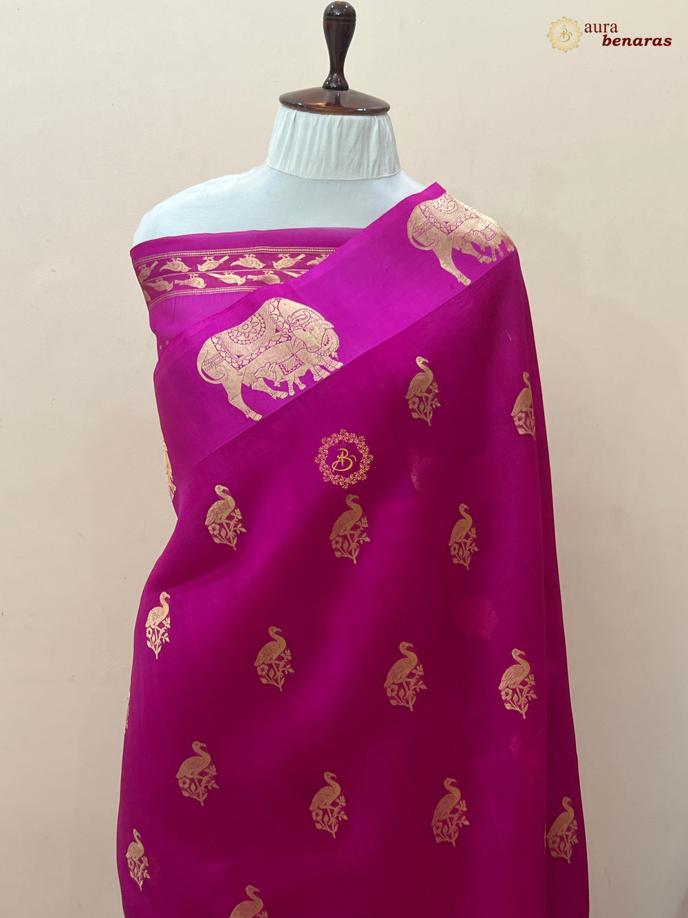 Rani Pink Kora Silk Banarasi Saree Cow Motif Border