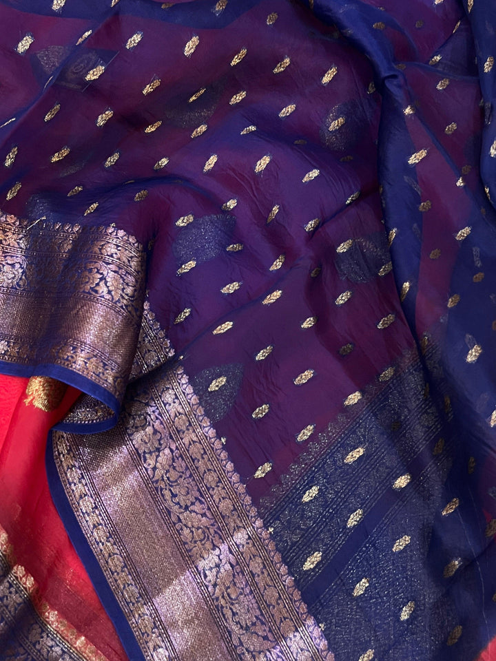 Red Banarasi Handloom Kora Silk Saree - Aura Benaras