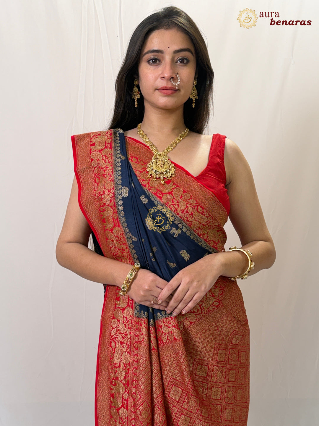 Navy Blue Pure Crepe Silk Handloom Banarasi Saree