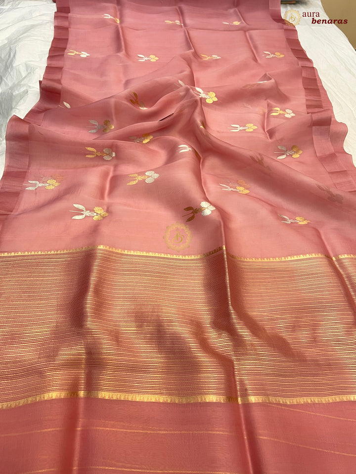 Onion Pink Kora Silk Banarasi Saree with Sona Rupa Butas