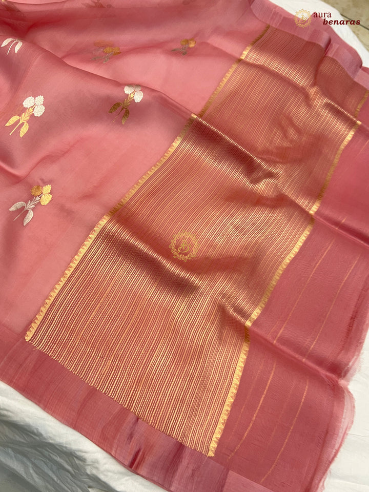 Onion Pink Kora Silk Banarasi Saree with Sona Rupa Butas