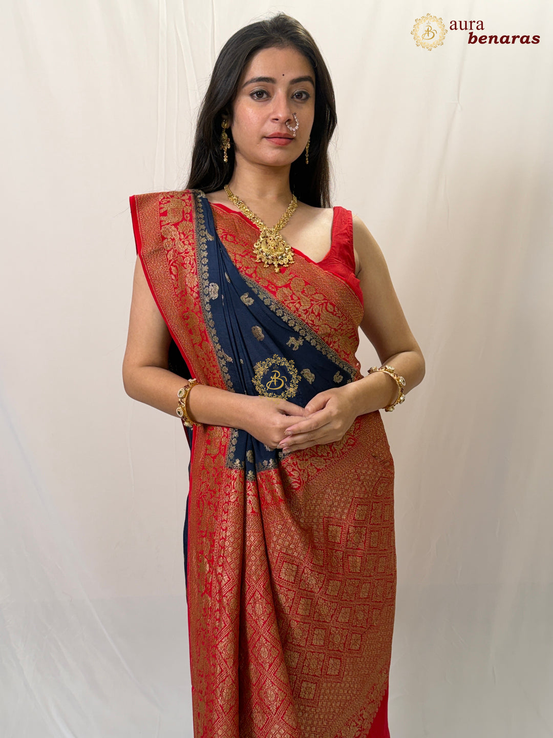 Navy Blue Pure Crepe Silk Handloom Banarasi Saree