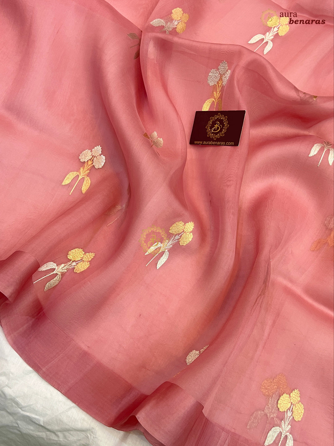 Onion Pink Kora Silk Banarasi Saree with Sona Rupa Butas