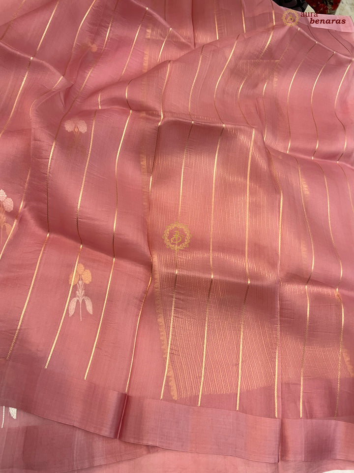 Onion Pink Kora Silk Banarasi Saree with Sona Rupa Butas