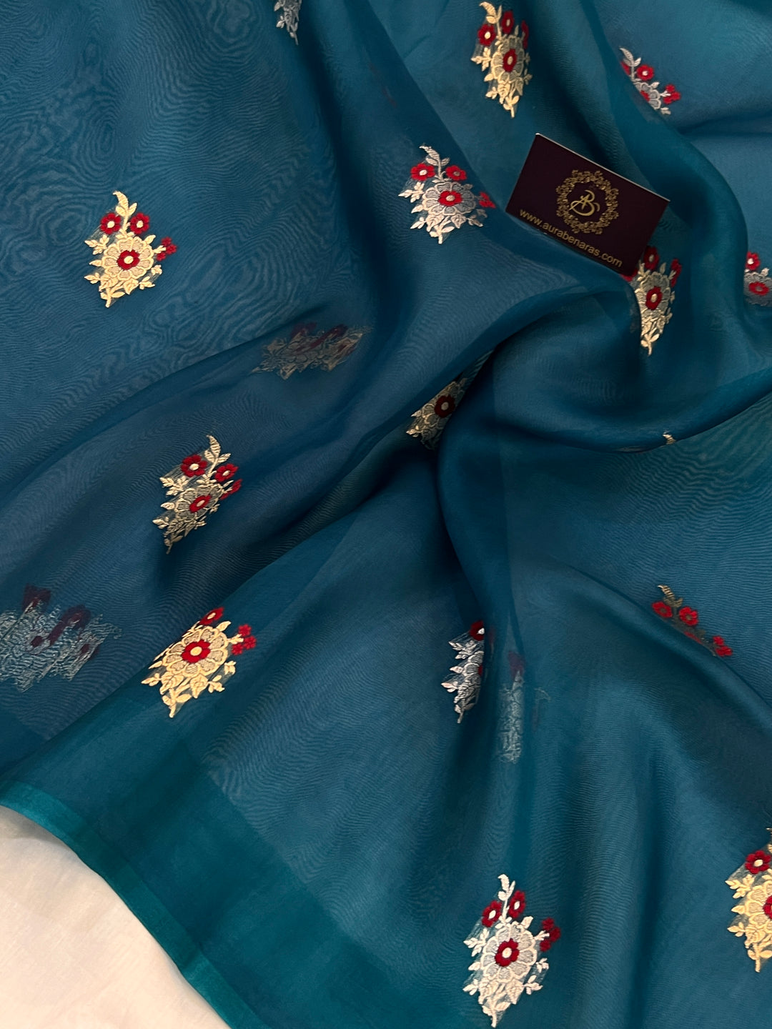 Peacock Blue Pure Kora Silk Handloom Banarasi Saree