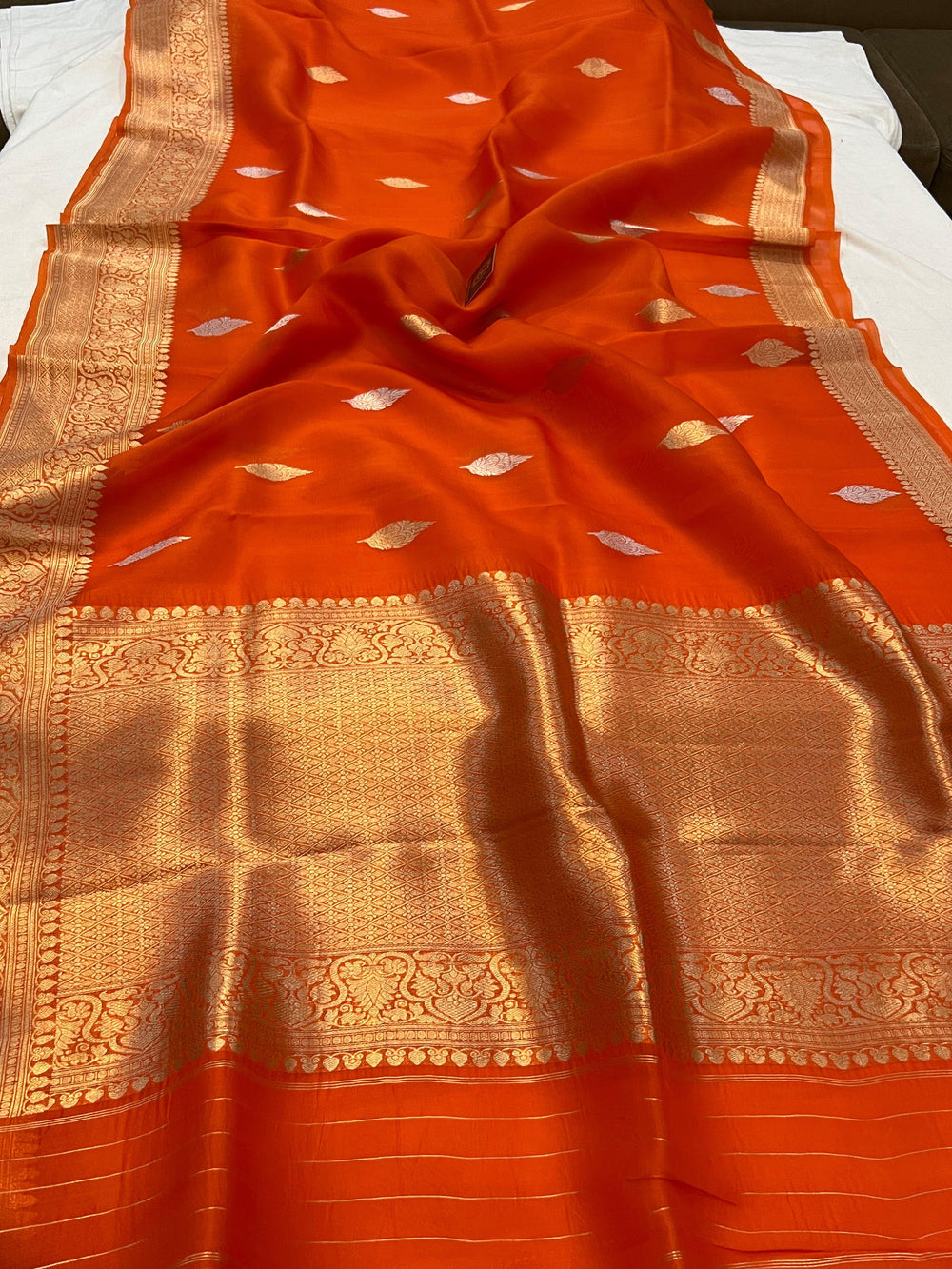 Orange Banarasi Handloom Kora Silk Saree - Aura Benaras