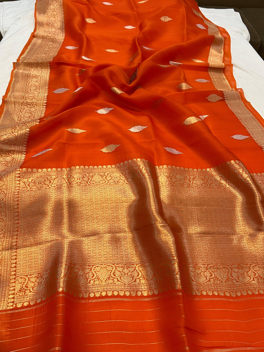 Orange Banarasi Handloom Kora Silk Saree - Aura Benaras
