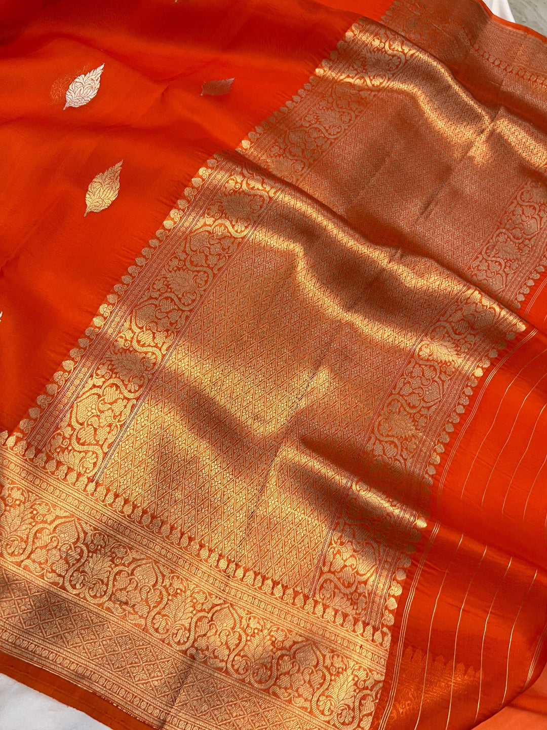 Orange Banarasi Handloom Kora Silk Saree - Aura Benaras