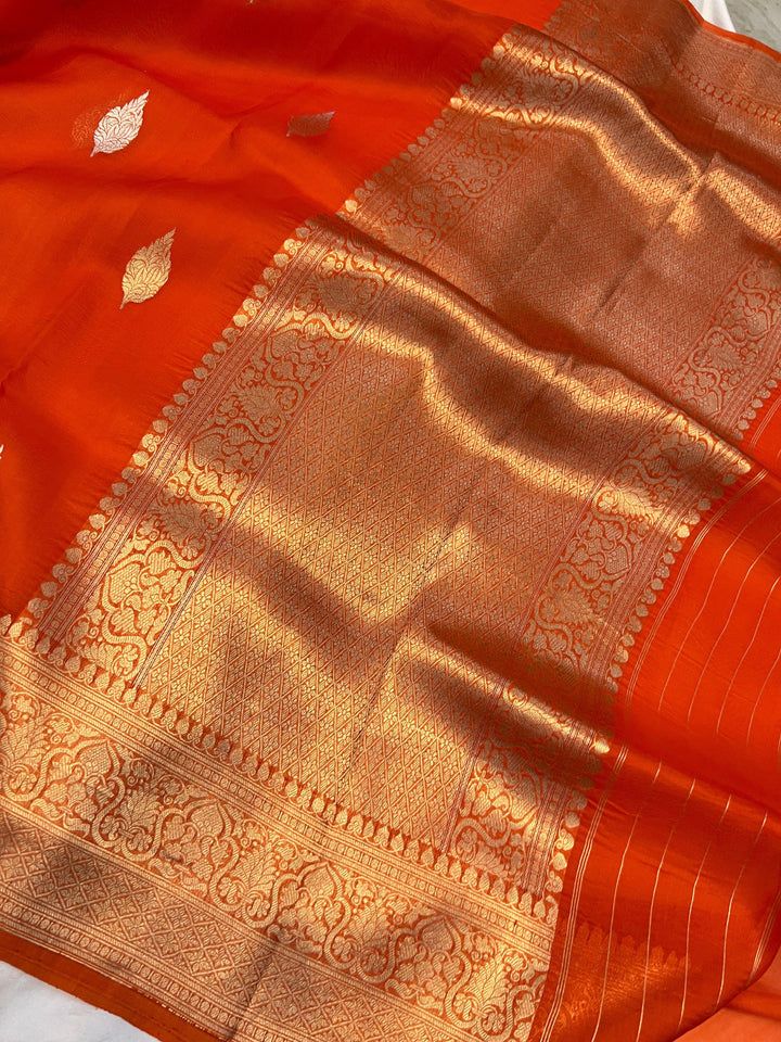 Orange Banarasi Handloom Kora Silk Saree - Aura Benaras