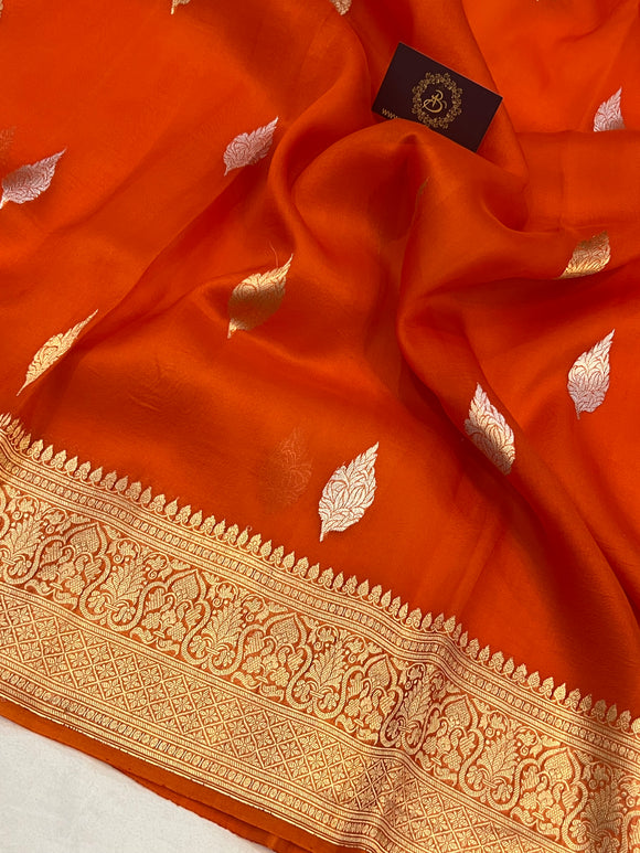 Orange Banarasi Handloom Kora Silk Saree - Aura Benaras