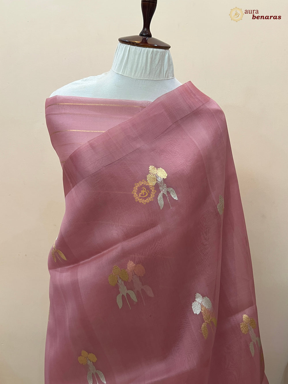 Onion Pink Kora Silk Banarasi Saree with Sona Rupa Butas