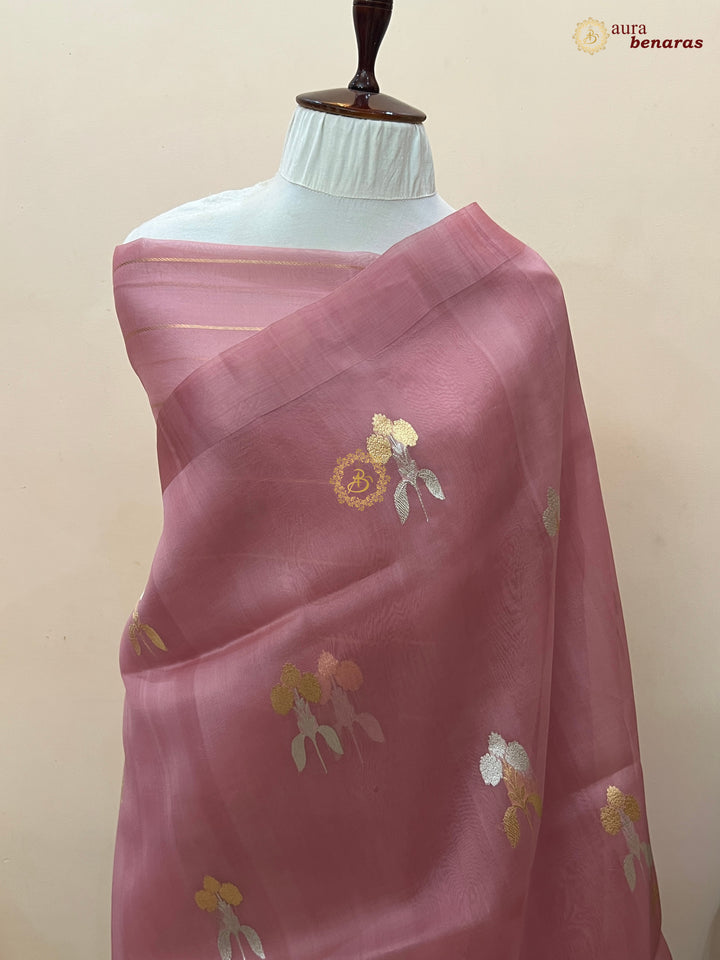 Onion Pink Kora Silk Banarasi Saree with Sona Rupa Butas