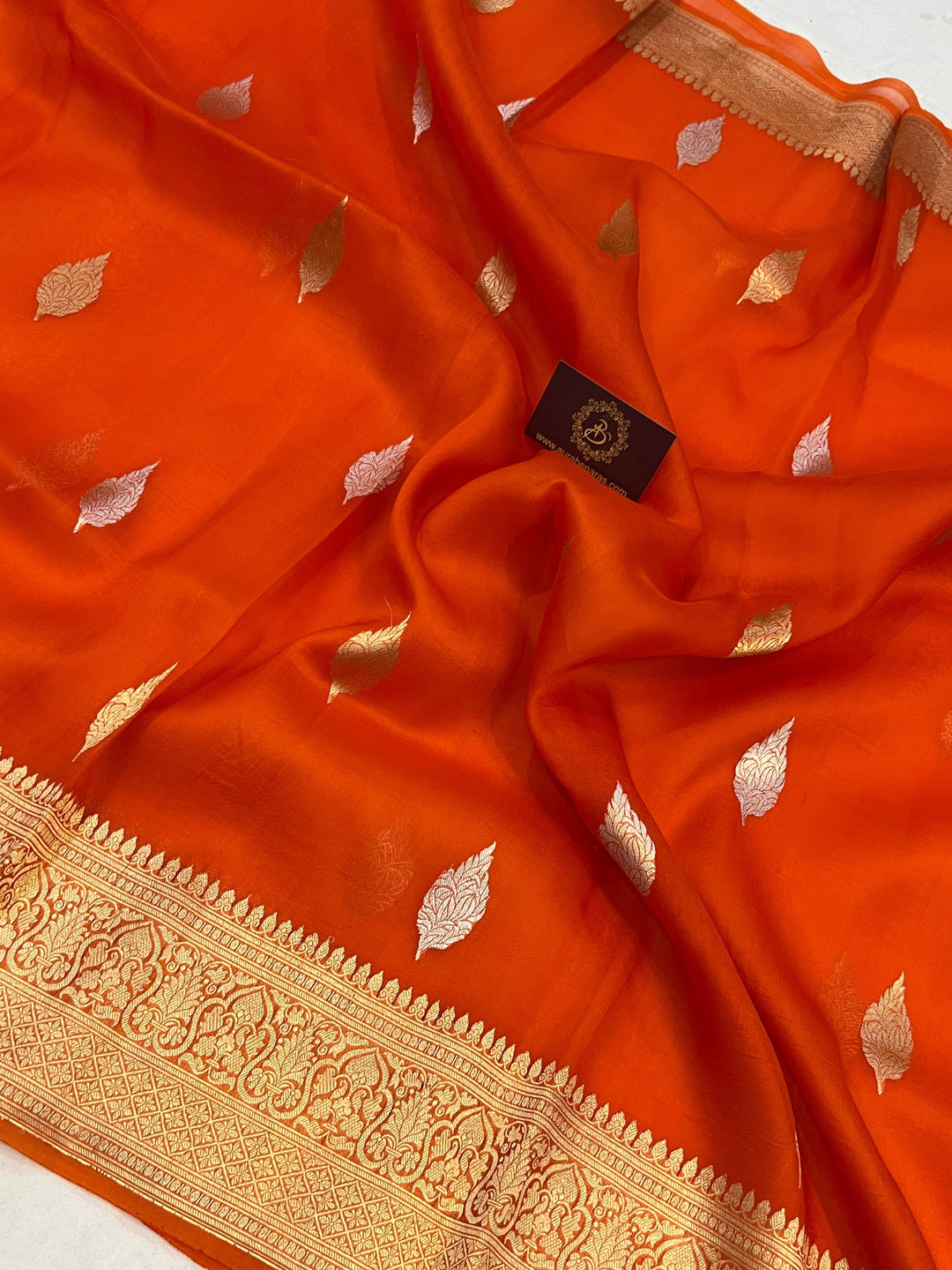 Orange Banarasi Handloom Kora Silk Saree - Aura Benaras