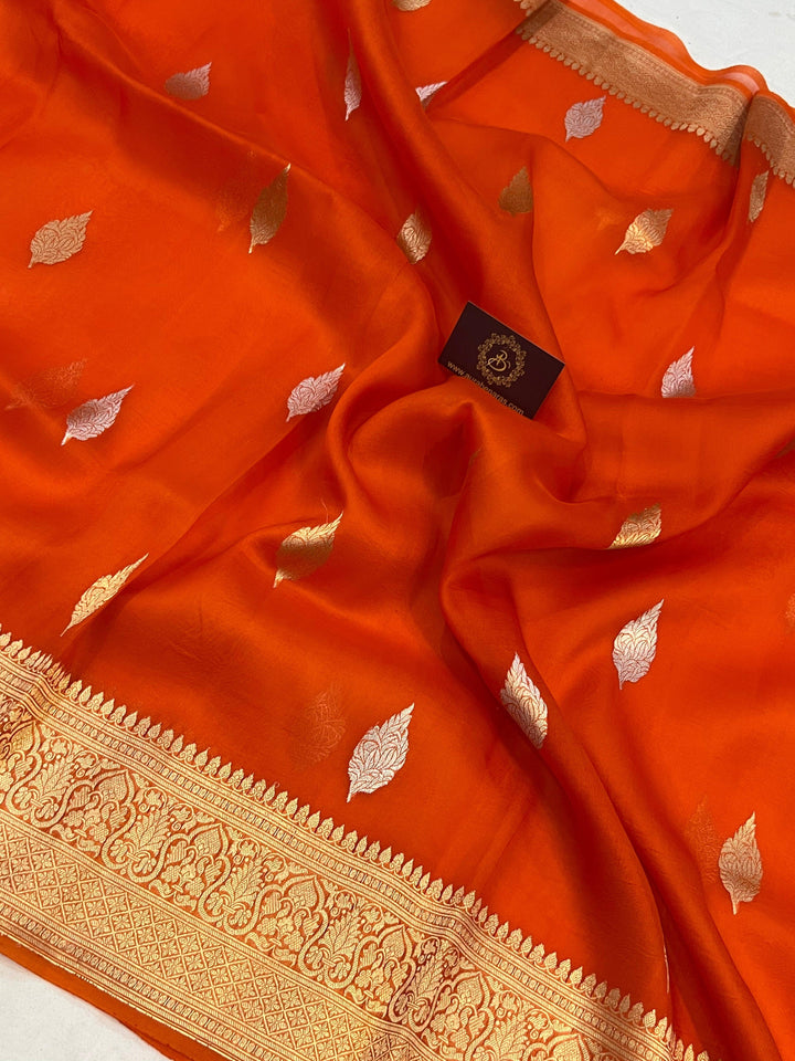 Orange Banarasi Handloom Kora Silk Saree - Aura Benaras