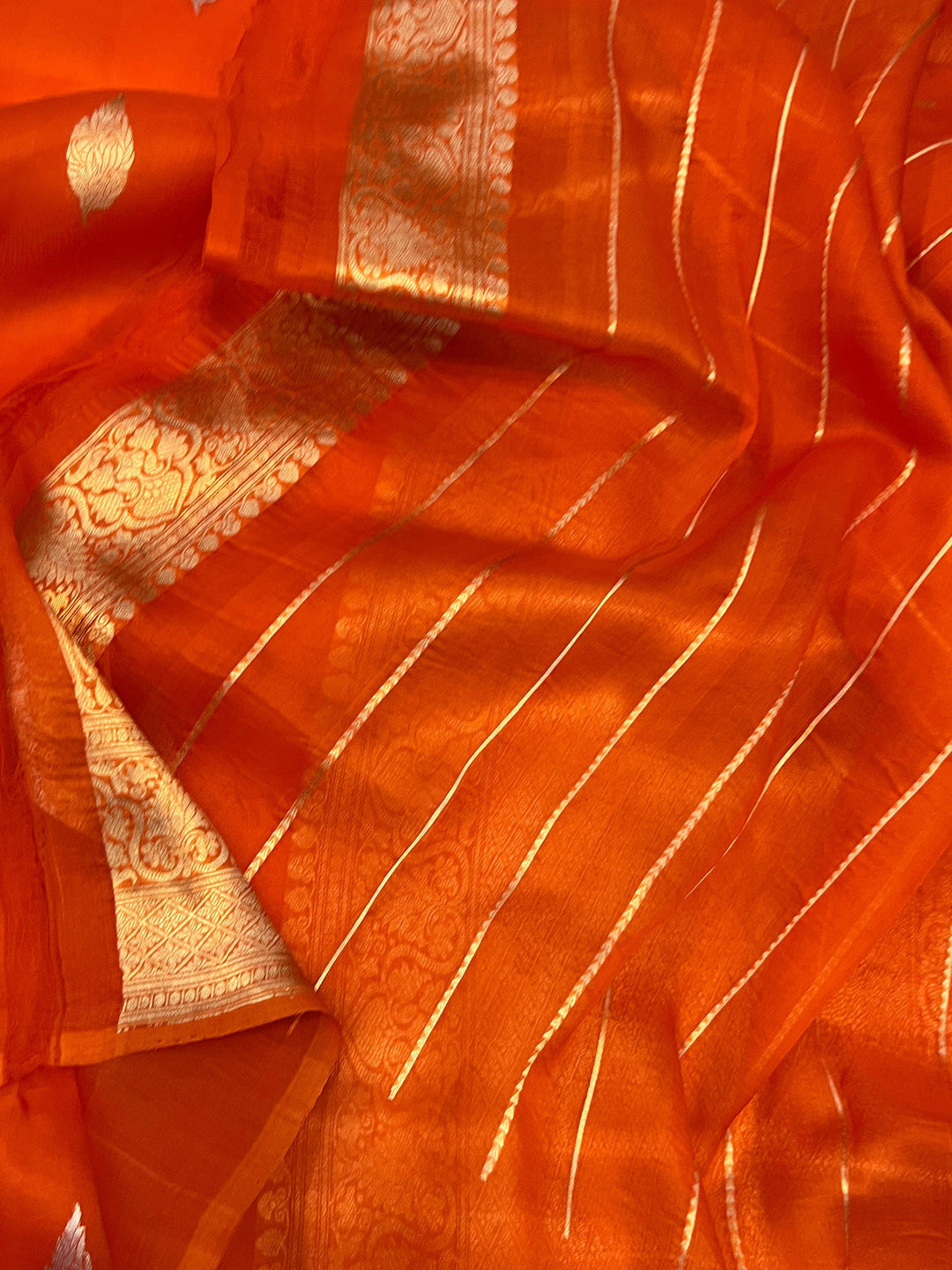 Orange Banarasi Handloom Kora Silk Saree - Aura Benaras