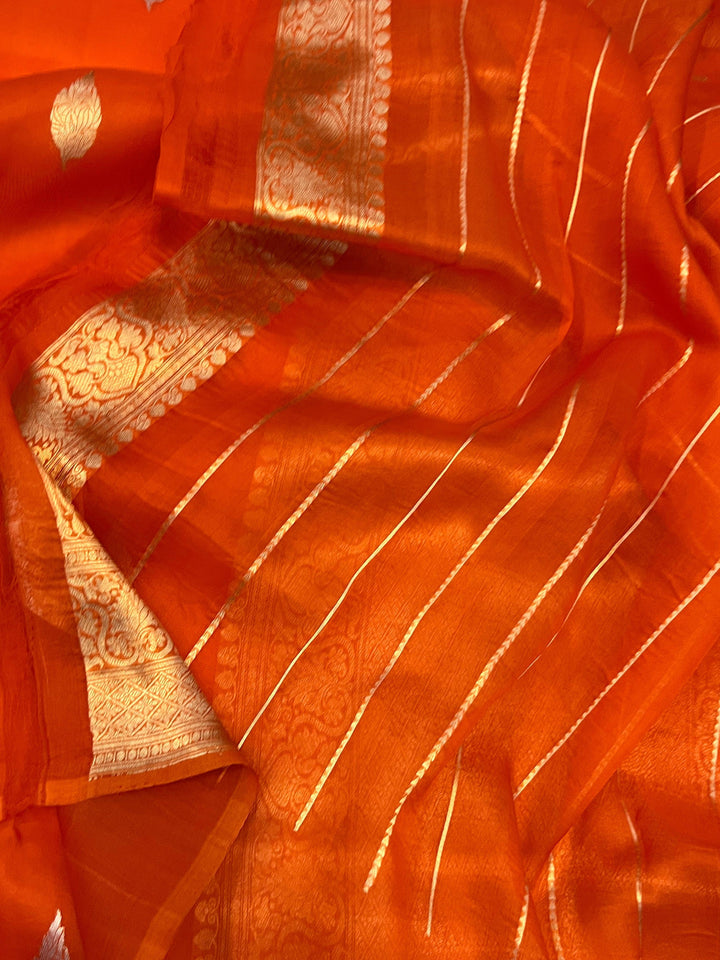 Orange Banarasi Handloom Kora Silk Saree - Aura Benaras