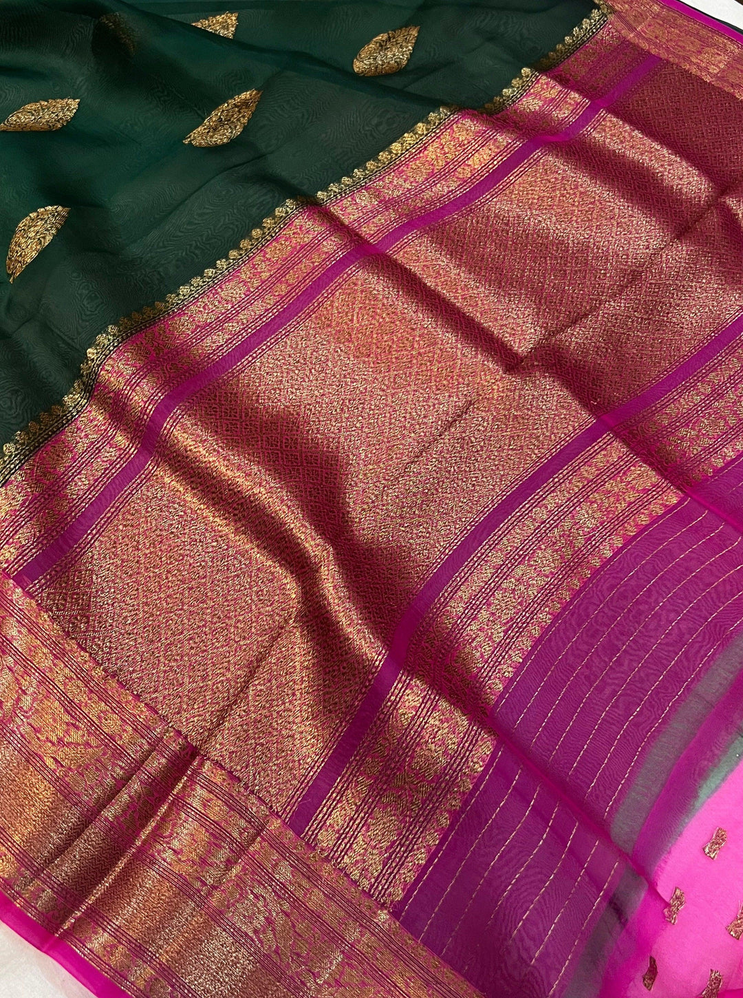 Bottle Green Banarasi Handloom Kora Silk Saree - Aura Benaras