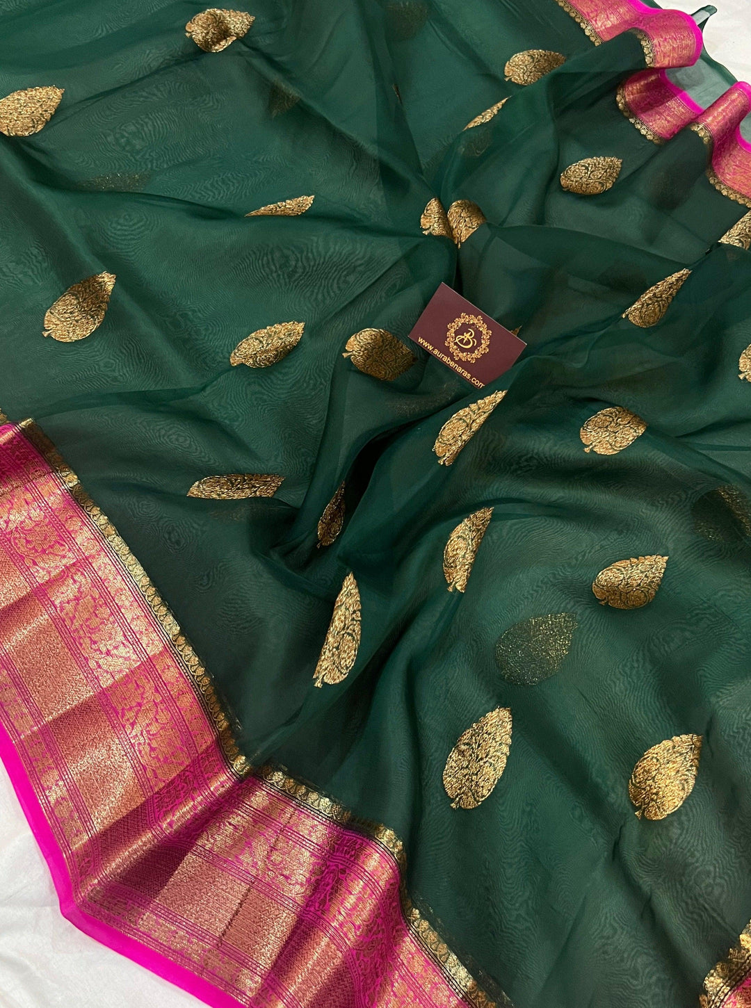 Bottle Green Banarasi Handloom Kora Silk Saree - Aura Benaras