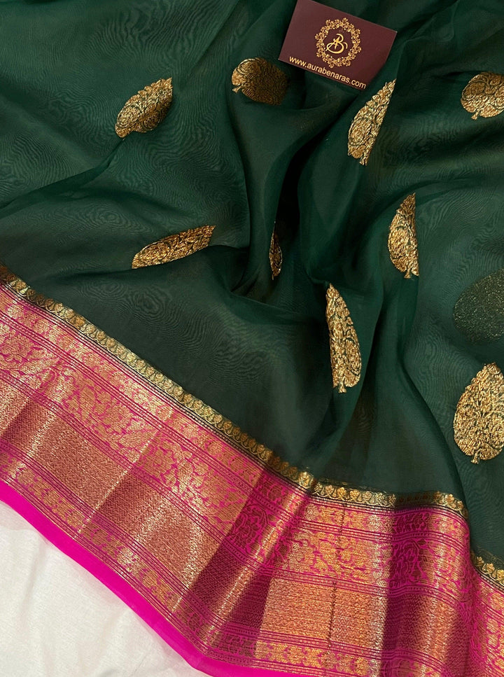 Bottle Green Banarasi Handloom Kora Silk Saree - Aura Benaras