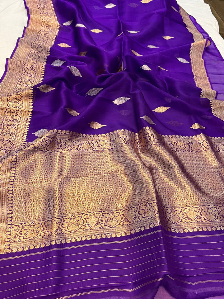 Purple Banarasi Handloom Kora Silk Saree - Aura Benaras