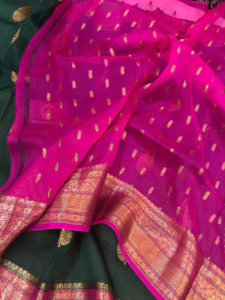 Bottle Green Banarasi Handloom Kora Silk Saree - Aura Benaras