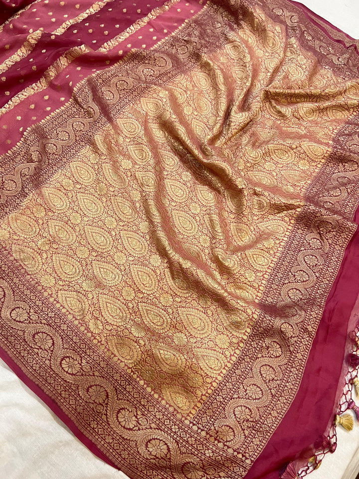 Onion Rangkaat Banarasi Khaddi Georgette Saree - Aura Benaras