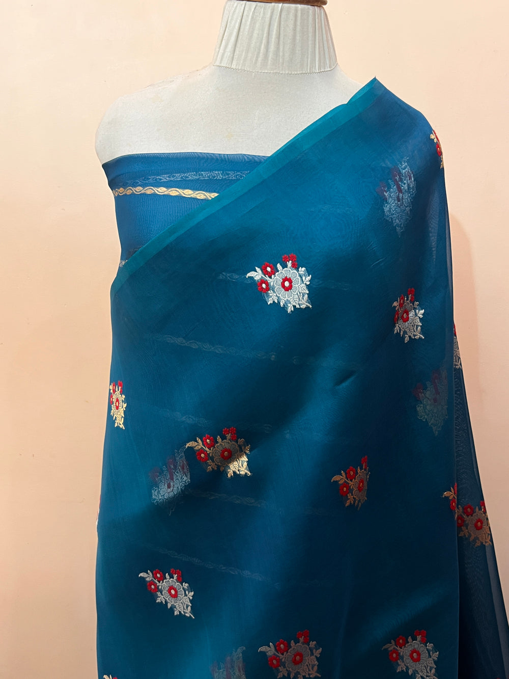 Peacock Blue Pure Kora Silk Handloom Banarasi Saree