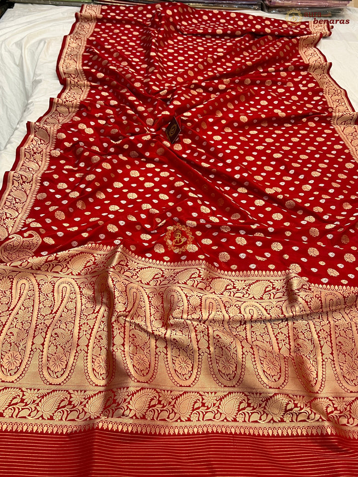Red Pure Banarasi Handloom Katan Silk Saree - Aura Benaras