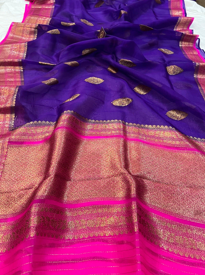 Purple Banarasi Handloom Kora Silk Saree - Aura Benaras