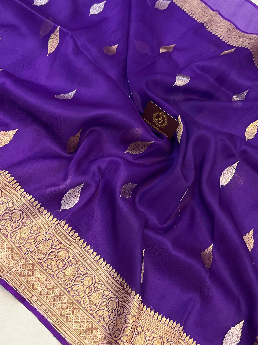 Purple Banarasi Handloom Kora Silk Saree - Aura Benaras