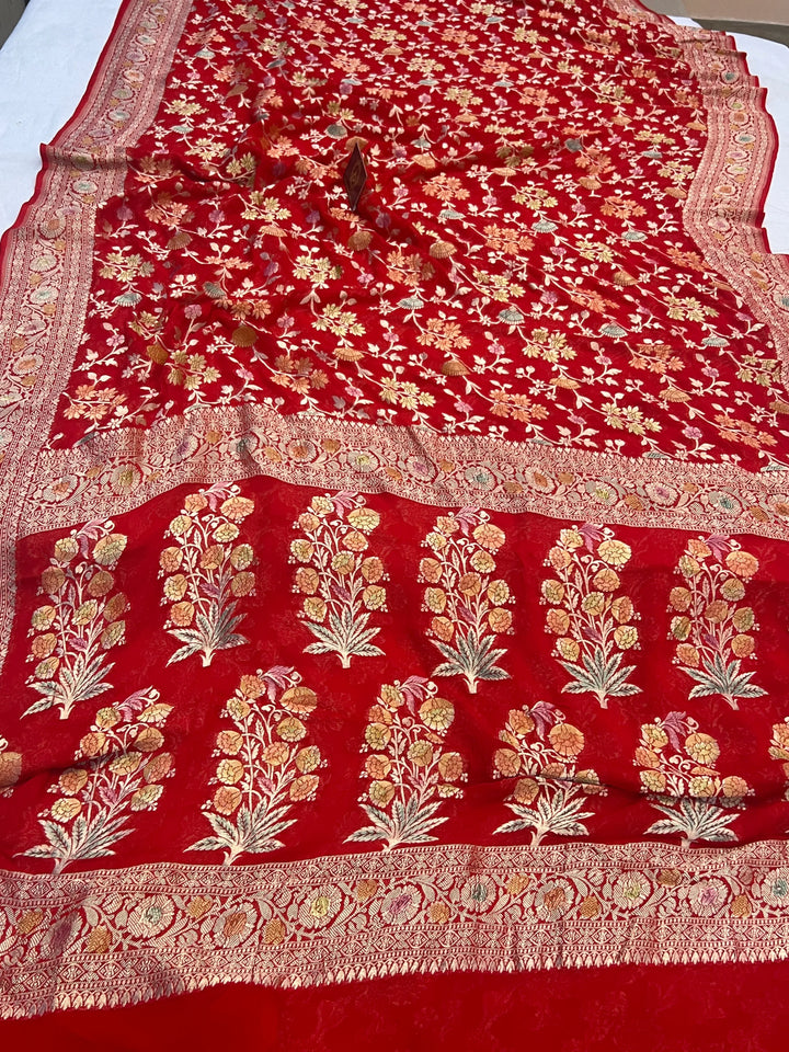 Red Rangkaat Banarasi Khaddi Georgette Saree
