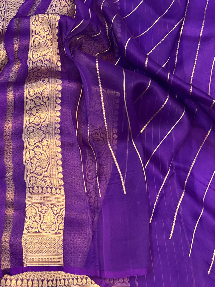 Purple Banarasi Handloom Kora Silk Saree - Aura Benaras