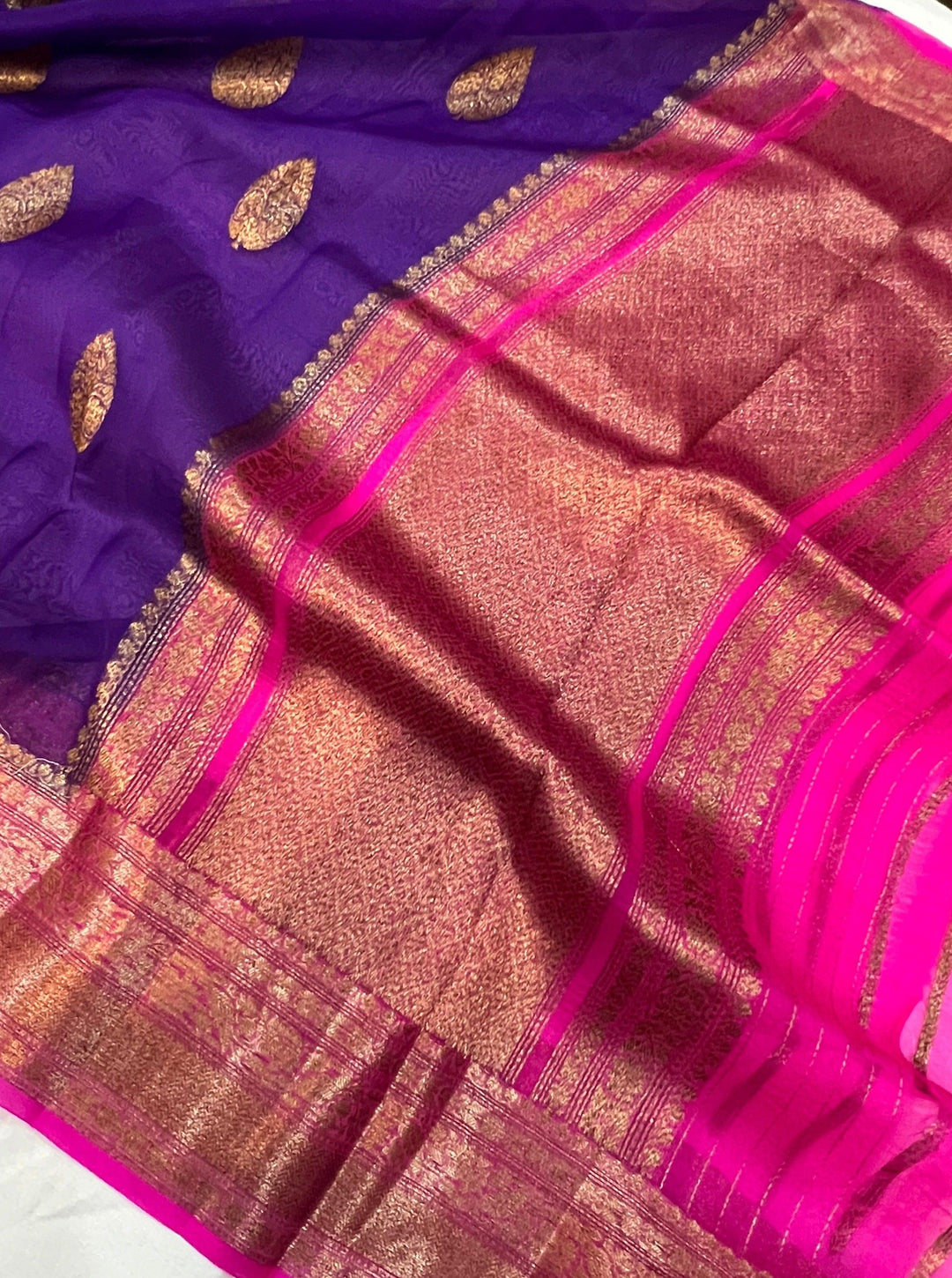 Purple Banarasi Handloom Kora Silk Saree - Aura Benaras