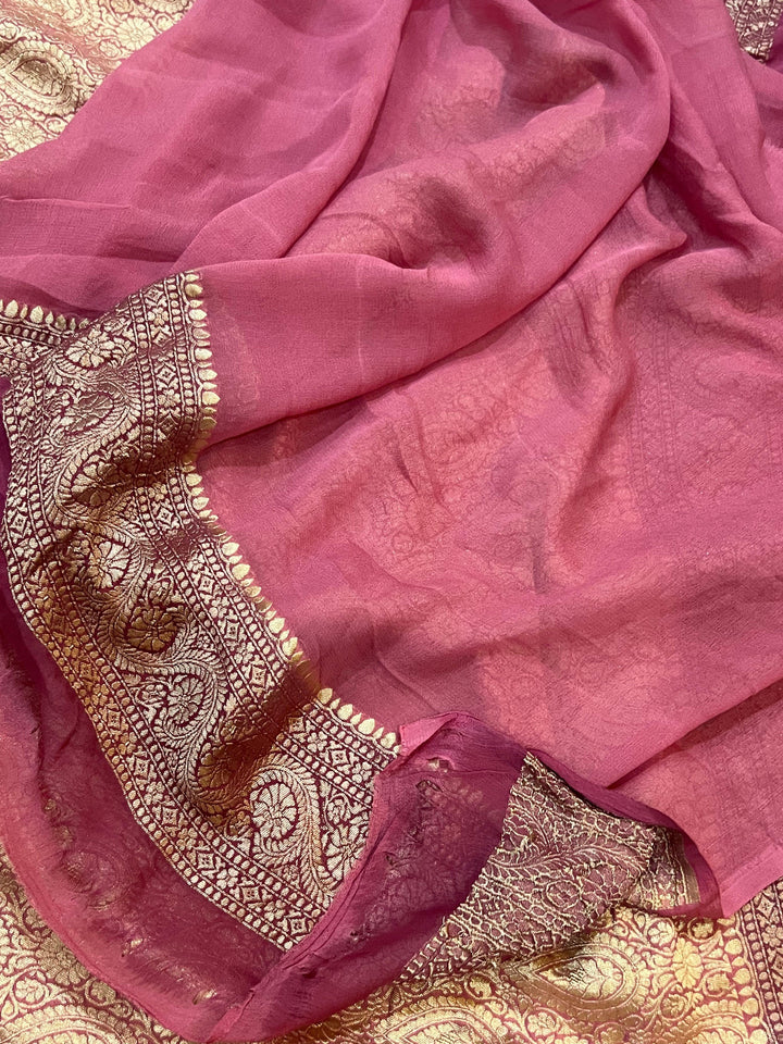 Onion Rangkaat Banarasi Khaddi Georgette Saree - Aura Benaras