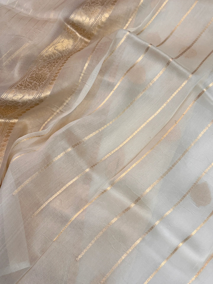 Cream Banarasi Handloom Kora Silk Saree