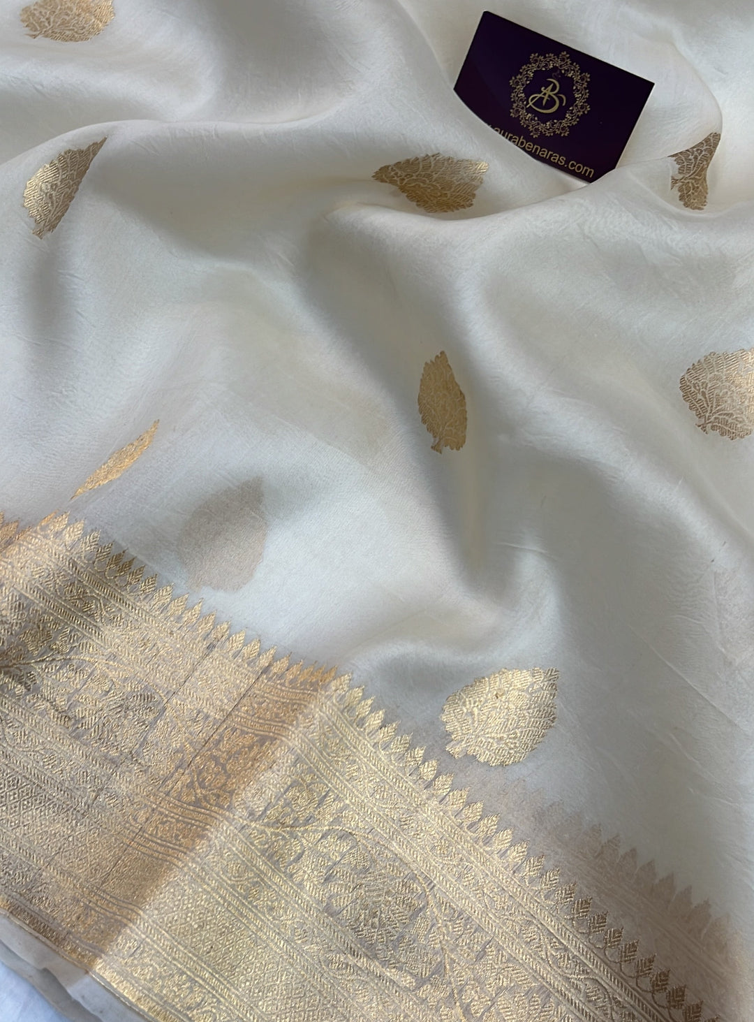 Cream Banarasi Handloom Kora Silk Saree
