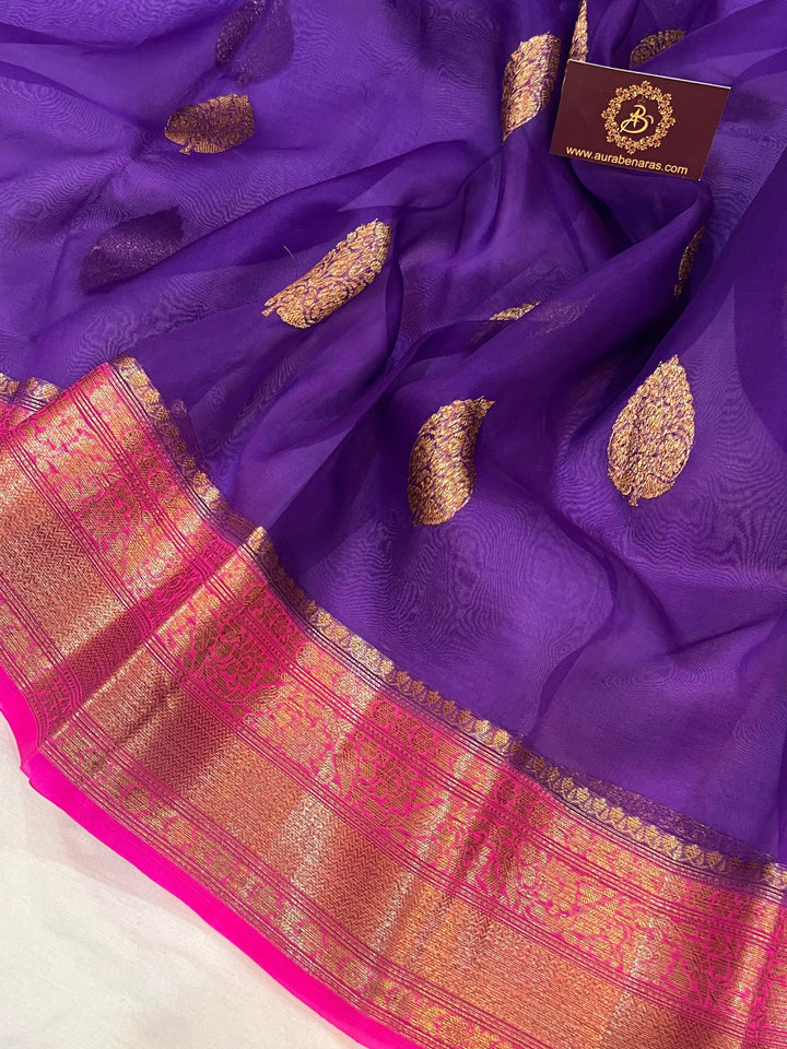 Purple Banarasi Handloom Kora Silk Saree - Aura Benaras