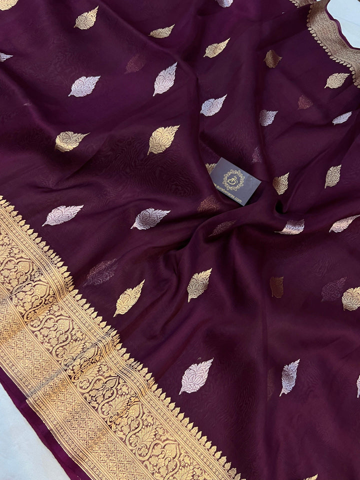 Garnet Banarasi Handloom Kora Silk Saree - Aura Benaras