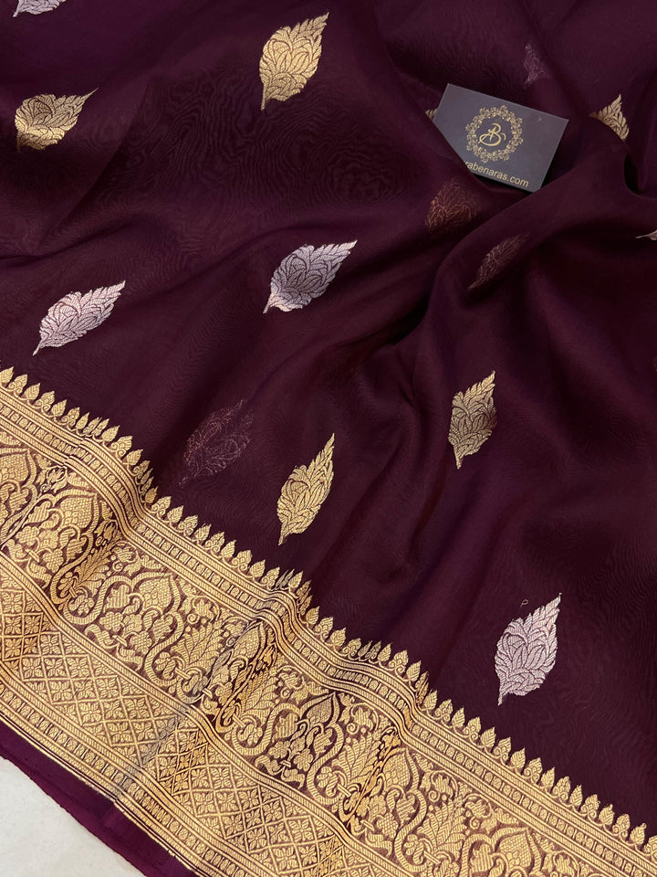Garnet Banarasi Handloom Kora Silk Saree - Aura Benaras