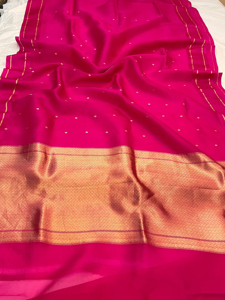 Rani Pink Pure Banarasi Handloom Kora Silk Saree