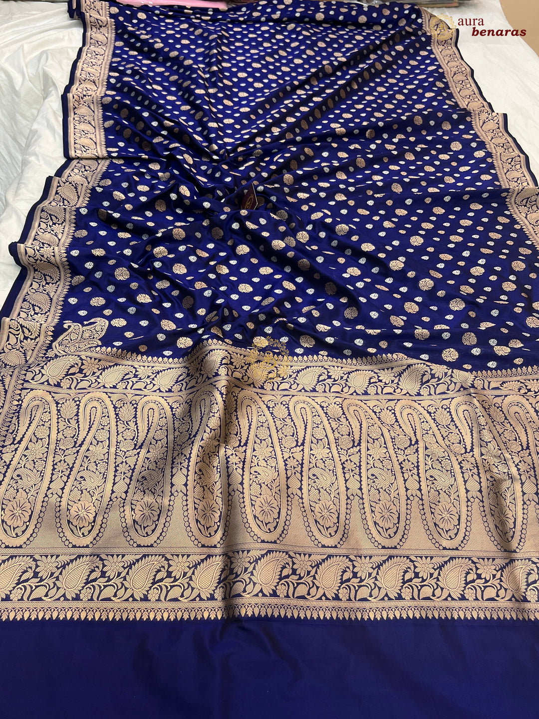 Navy Blue Pure Banarasi Handloom Katan Silk Saree - Aura Benaras