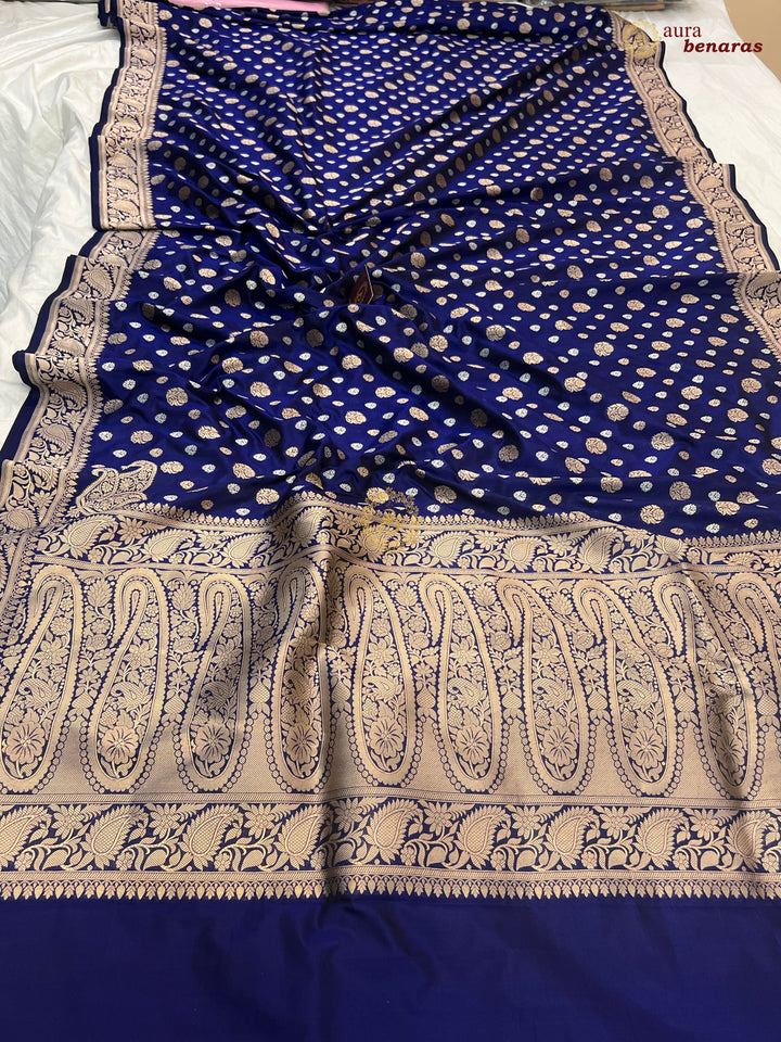 Navy Blue Pure Banarasi Handloom Katan Silk Saree - Aura Benaras