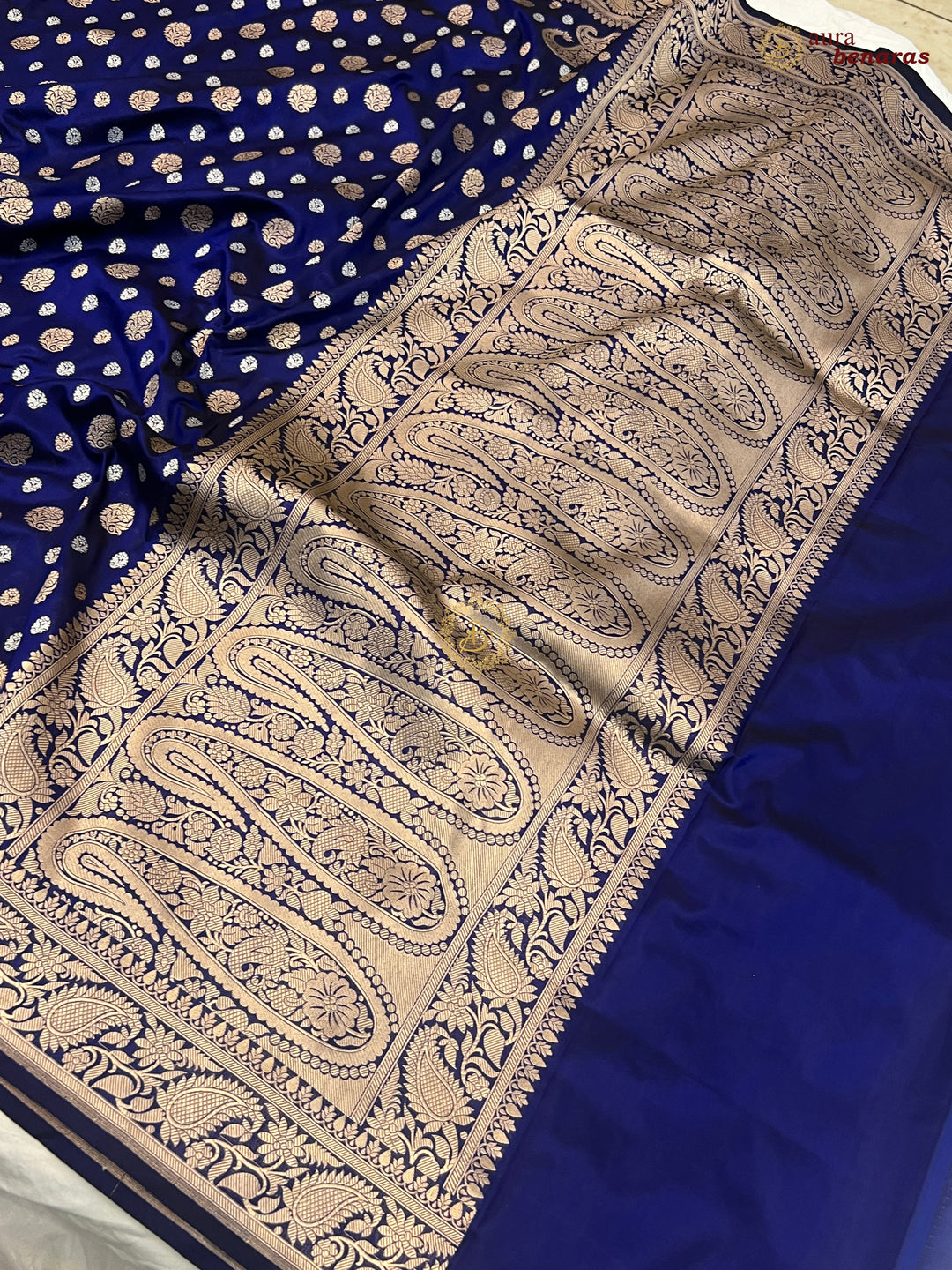 Navy Blue Pure Banarasi Handloom Katan Silk Saree - Aura Benaras