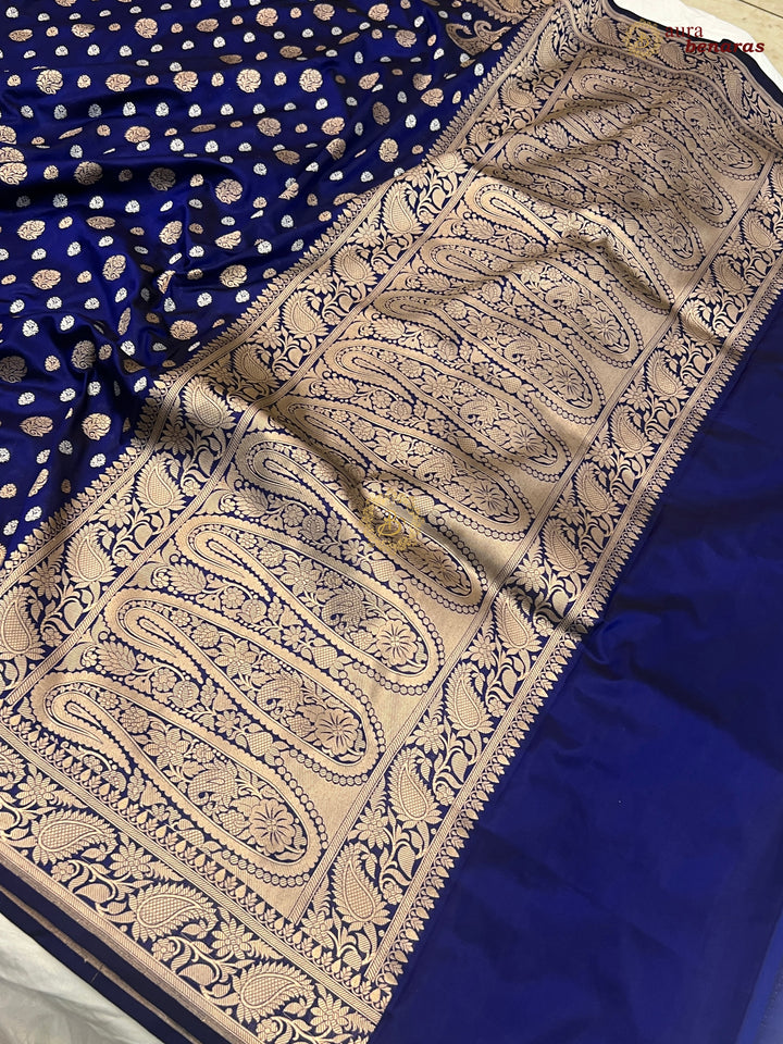 Navy Blue Pure Banarasi Handloom Katan Silk Saree - Aura Benaras